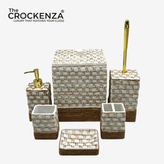 The Crockenza Textured White & Gold 6-Piece Bath Set | Premium Contemporary Basketweave Bathroom Accessories