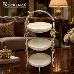 Luxury 3-Tier Pastry Stand with Golden Bird & Floral Accent – Elegant Dessert Serving Stand