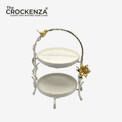 Luxury 2-Tier Pastry Stand with Golden Bird & Floral Accent – Elegant Dessert Serving Stand