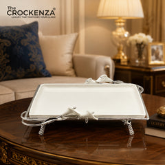 Royal Calla Lily Luxury Ceramic Serving Platter with Gold-Plated Stand - Rectangular 12 inches