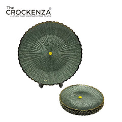 7-Piece Luxury Green Cake Serving Set with Gold Rim – 1 Large Cake Plate & 6 Small Dessert Plates