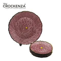 7-Piece Luxury Rose Pink Textured Glass Cake Serving Set with Gold Rim – 1 Large & 6 Dessert Plates