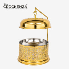 8L Luxury Golden Stainless Steel Buffet Dish with Hanging Lid – Royal Laser-Cut Food Warmer & Serving Dish