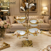 Luxury 4 Partition Dry Fruit Serving Bowl with Golden Floral Stand – Elegant Tabletop Snack & Nut Server