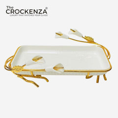 Luxury Rectangular Serving Tray with Golden Floral Stand & Handles – Premium White & Gold Table Server