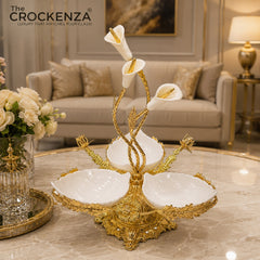 Luxury 3 Partition Dry Fruit Serving Bowl with Golden Floral Stand – Premium Decorative Nut & Snack Server