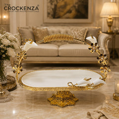 Luxury Oval Serving Platter with Golden Floral Stand & Handle – Premium White & Gold Table Centerpiece