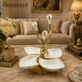 Luxury 4 Partition Dry Fruit Serving Bowl with Golden Floral Stand – Premium White & Gold Nut & Snack Server