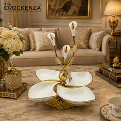 Luxury 4 Partition Dry Fruit Serving Bowl with Golden Floral Stand – Premium White & Gold Nut & Snack Server