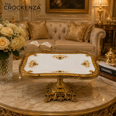 Luxury Rectangular Serving Platter with Golden Pedestal Stand – Premium White & Gold Decorative Table Server