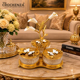 Luxury 3 Piece Dry Fruit Jar Set with Golden Floral Stand – Premium Crystal-Style Nut & Candy Serving Set