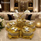 Luxury 5 Piece Dry Fruit Jar Set with Golden Floral Stand – Premium Crystal-Style Nut, Candy & Snack Serving Set