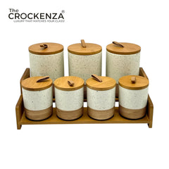 7-Piece Ceramic Airtight Jar Set with Wooden Lids & Storage Tray