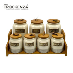 7-Piece Ceramic Airtight Jar Set with Wooden Lids & Storage Tray