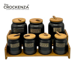 7-Piece Ceramic Airtight Jar Set with Wooden Lids & Storage Tray