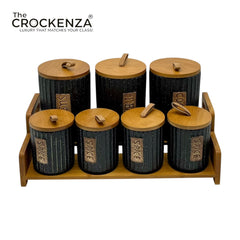 7-Piece Ceramic Airtight Jar Set with Wooden Lids & Storage Tray