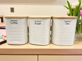 Metallic Canister Trio – Sugar, Tea & Coffee Jar Set with Airtight Bamboo Lids 1000ML (White)