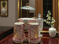 22-Piece Luxury Soup Set with Gold-Plated Stand & Marble Print | Pink & Gold