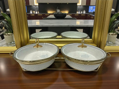White Oval Twin Chafing Dishes (12" each) with Handles & Metal Stand – Elegant Buffet Set