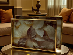 Modern Gold Frame Lucite Tray Set of 2 | Elegant Green Botanical Print Ottoman Decor