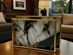 Black & White Marble 2-Piece Luxury Serving Tray Set with Gold Frame & Acrylic Base