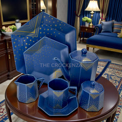 Imported Cobalt Blue & Gold 24-Piece Luxury Stoneware Tea Set – Geometric Elegance | TheCrockenza