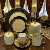 24-Piece Elite Gold-Plated Beige Tea Set – Luxury Striped Porcelain Collection by The Crockenza