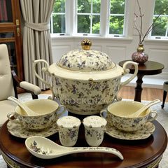 Imperial Blossom 23-Piece Fine Porcelain Soup Set – Royal Albert Inspired Luxury in Antique Cream with Gold Accents