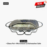 Luxury 1.5L Rectangular Glass Chafing Dish with Mirror-Finish Stainless Steel Lid & Candle Stand