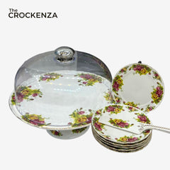 Royal Albert–Inspired 9-Pcs Bone China Cake Set | Floral Elegance with Dome