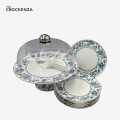 Royal Albert–Inspired 9-Pcs Bone China Cake Set | Floral Elegance with Dome