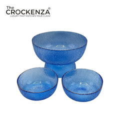 7-Piece Luxury Blue Textured Glass Serving Bowl Set with Gold Rim – 1 Large & 6 Small Bowls