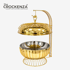 8L Luxury Golden Stainless Steel Buffet Dish with Hanging Lid – Premium Large Capacity Serving Dish
