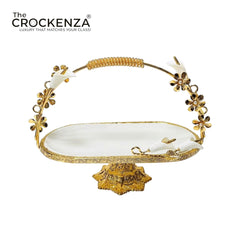 Luxury Oval Serving Platter with Golden Floral Stand & Handle – Premium White & Gold Table Centerpiece