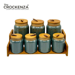 7-Piece Ceramic Kitchen Jar Set with Airtight Wooden Lids & Stand