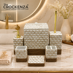 The Crockenza Textured White & Gold 6-Piece Bath Set | Premium Contemporary Basketweave Bathroom Accessories