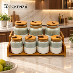 7-Piece Ceramic Airtight Jar Set with Wooden Lids & Storage Tray