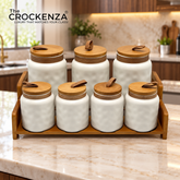 7-Piece Ceramic Airtight Jar Set with Wooden Lids & Storage Tray