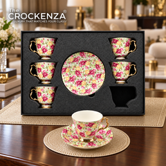 Luxury 12 Pcs Floral Cup & Saucer Set with Gold Handles – Premium Porcelain Tea Cups