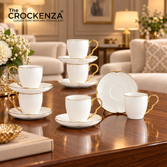 Imperial Thailand Inspired 12-Piece Cup & Saucer Set – White with Gold Handles