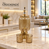 Elegant Amber Glass Beverage Dispenser Set – 7-Piece Gold-Accented Drinkware with 6 Cut-Glass Tumblers