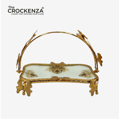 Luxury Rectangular Golden Platter with Handle | Decorative Serving Tray