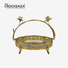 Luxury Golden Serving Platter with Handle | Decorative Metal Tray for Table Decor