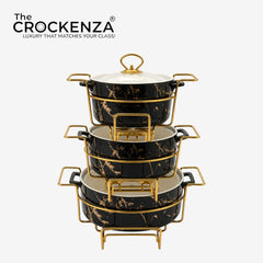 Royal Black Marble Chafing Dish Set with Gold Metal Racks – 3-Piece Buffet Server Set