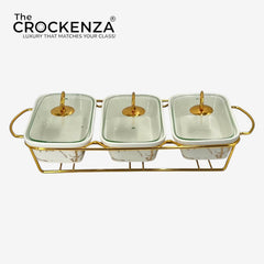 Elegant Triple Chafing Serving Dishes with Handles & Metal Stand – White Marble Buffet Set (9" each)