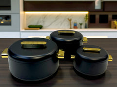 Imported Luxury Collection | Forever Gold 3Pcs Hotpot Set | Keep your food fresh & warm | Black Plain Round
