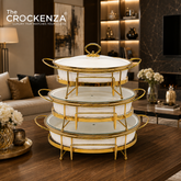 Luxe White & Gold Textured Porcelain Chafing Dish – Set of 3 Sizes