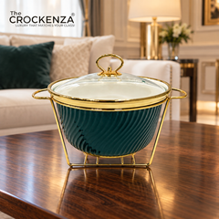 10-Inch Round Deep Green Porcelain Serving Bowl with Candle Holder Stand