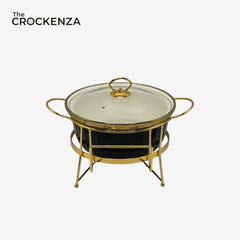 10" Round Porcelain Serving Bowl with Gold Stand & Lid – Elegant Buffet Serving Dish with Handles | Luxury Tableware