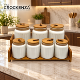 7-Piece Ceramic Airtight Jar Set with Wooden Lids & Storage Tray